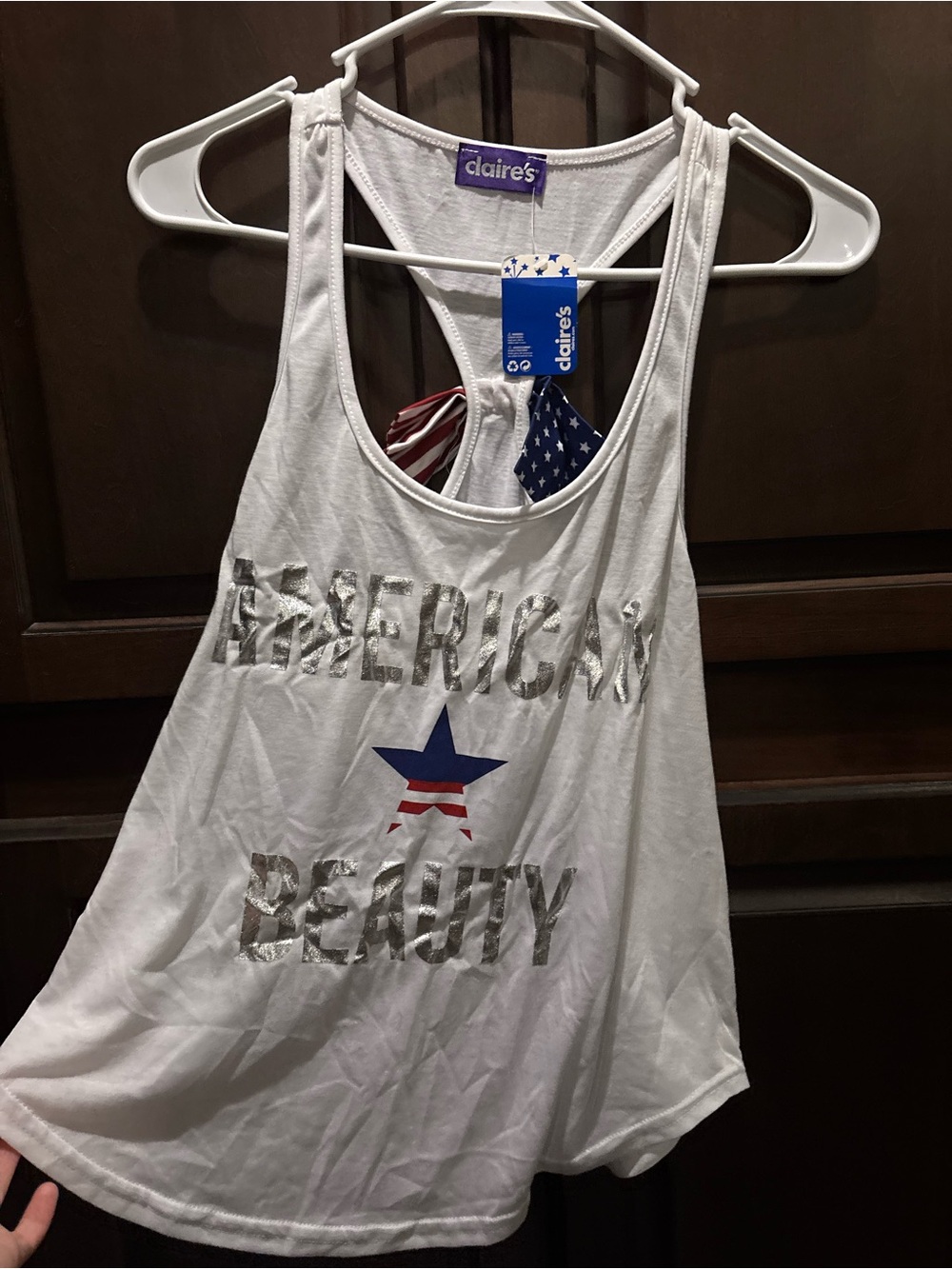 Claire's White Graphic 'American Beauty' Tank with Red & Blue Star